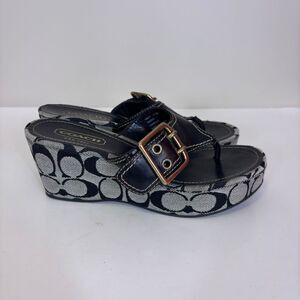 Coach Sherri Grey & Black Monogram Platform Heeled Flip Flop Sandals Women's 5.5